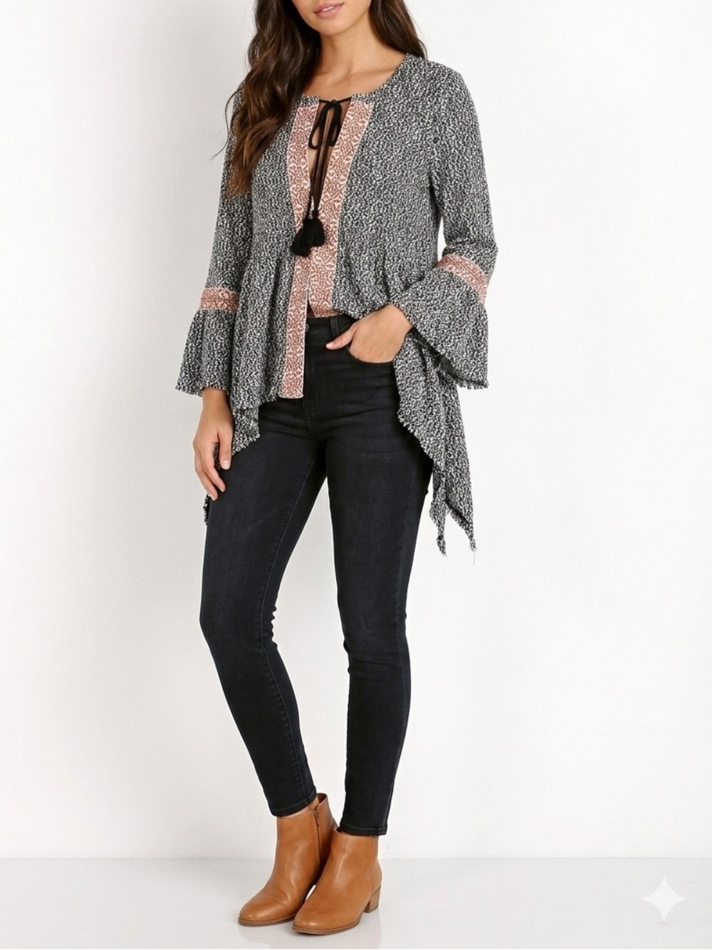 Anama Black & Cream Printed Open Front Cardigan with Tassel